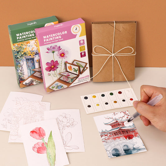 Accordion folding watercolor painting thick kraft paper 12 colors solid pigment exquisite watercolor folding storage book