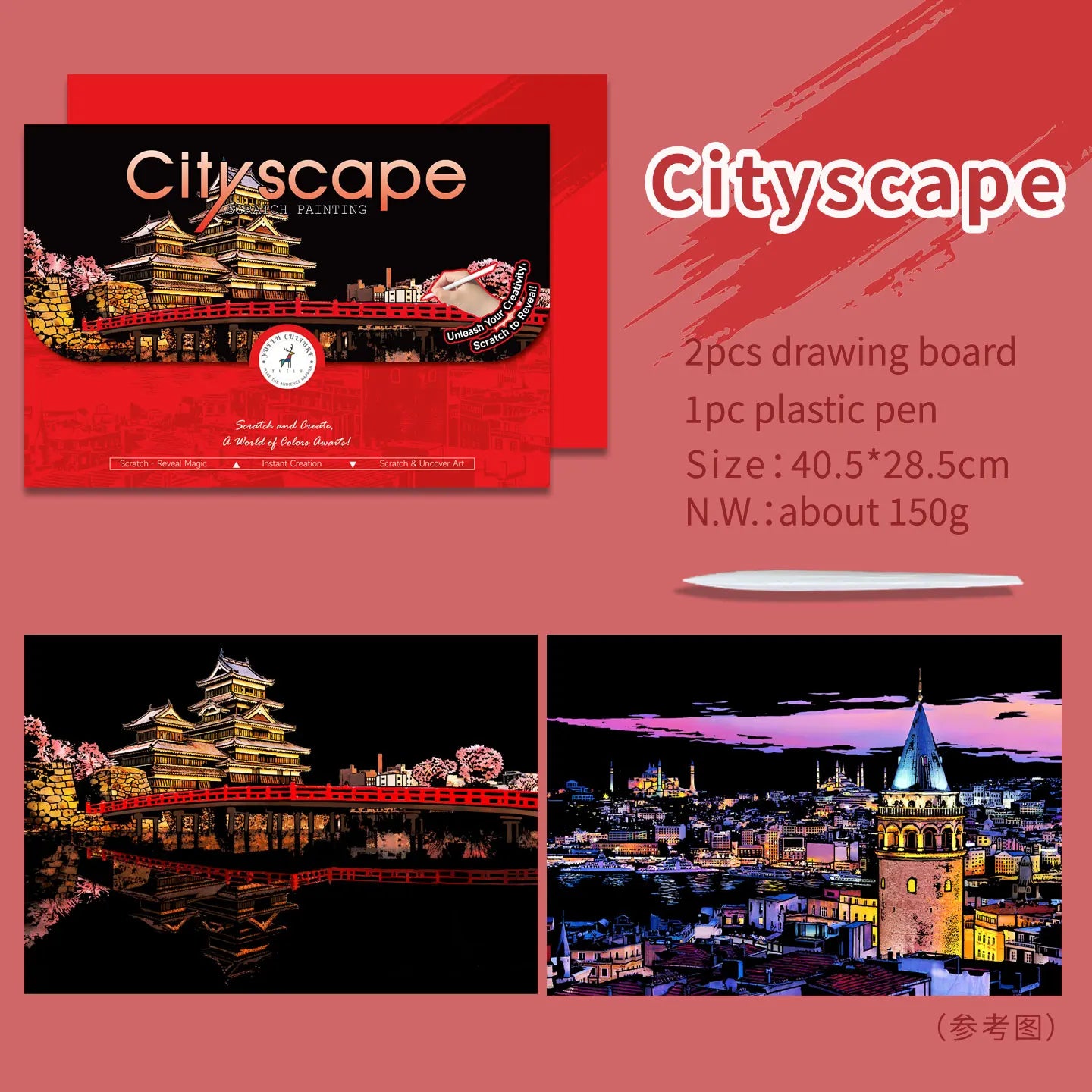 YUELU A3 Size Rainbow Scratch Art Painting Colorful City Series Scratch Cards Magic Night View Scratch Art Paper for Adults
