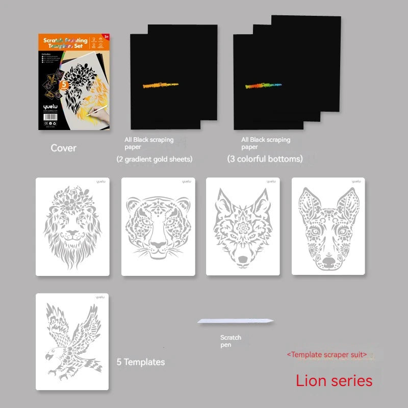 Stencil scratch paper set wholesale A4 animal construction diy manual scratch painting cross-border sales