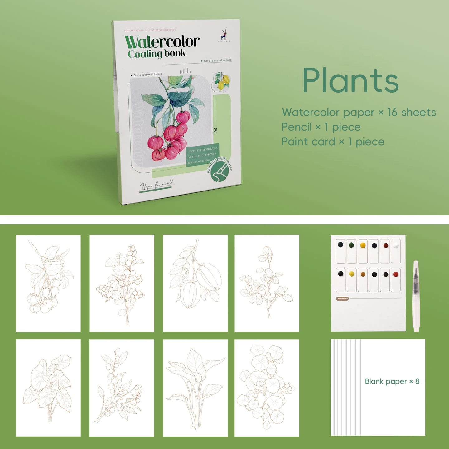 YUELU Pastel Floral Watercolor Painting Toy Portable Travel Beginners Practice Watercolor Sketchbook Set with Pigment Card