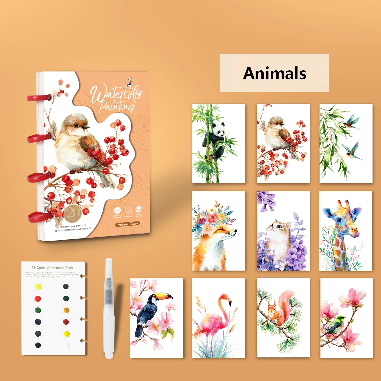 Yuelu Portable Watercolor Notebook with 12-color Paint, Die-cut Design, Mushroom Button Closure Watercolor Notebook