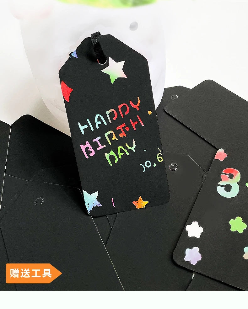 Rainbow scratch paper note with 25 pages, 25 ribbons and 2 bamboo scratching pens for kid's DIY