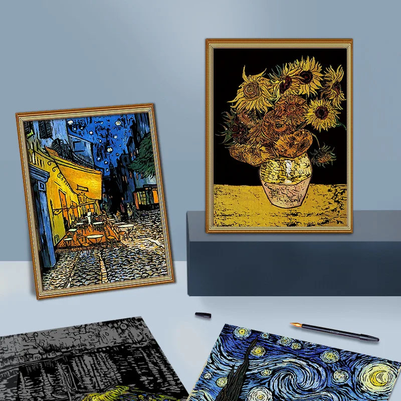 YUELU Creative Colorful Scratch Paper Van Gogh Collection Graffiti Scratch painting Adult Decompression Handmade Painting Set