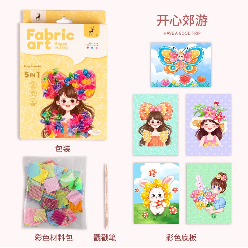 YUELU Creative Puzzle Puncture Painting Fabric Art New Girls DIY Dressing Up Poking Fabric Painting Craft For Kids With Stickers