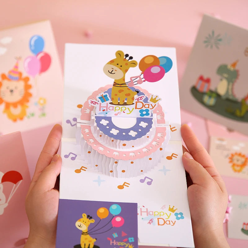 Wholesale Custom Printing Cute Birthday cake Happy Birthday 3D Pop Up Greeting Cards with Envelopes OEM or ODM