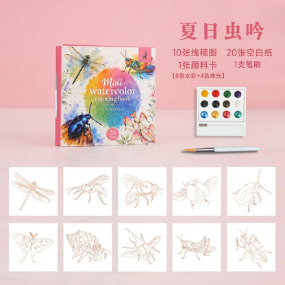 Yue Lu Portable Watercolor Painting Book with Pearl Glitter Notes Paper 9x9 Size DIY Decompression Mini Art Set