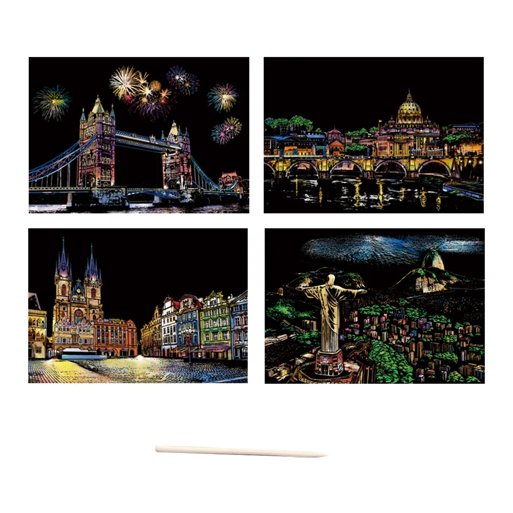 City Night Scenery Landscape Art Scratch Painting Paper