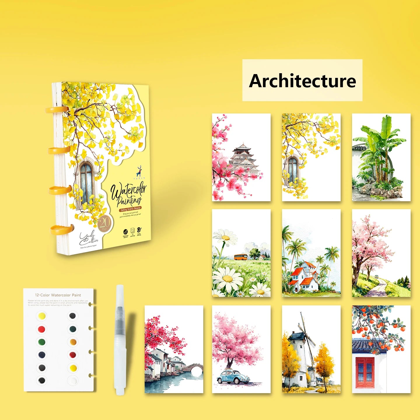 Yuelu Portable Watercolor Notebook with 12-color Paint, Die-cut Design, Mushroom Button Closure Watercolor Notebook
