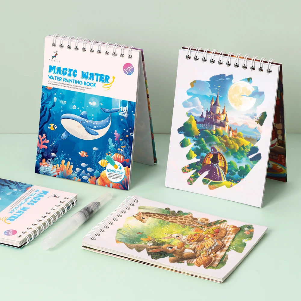 YUELU Kids Drawing Books Reusable Animal Water Painting Book Educational Toys Magic Water Book with Pen
