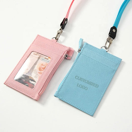 YUELU Customize LOGO Business Id Card Holder Square Credit Card Case Pu Leather Card Cover with lanyard