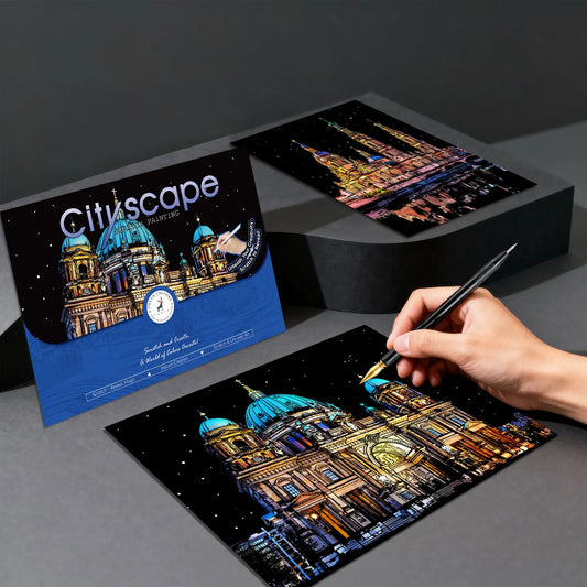 YUELU A3 Size Rainbow Scratch Art Painting Colorful City Series Scratch Cards Magic Night View Scratch Art Paper for Adults