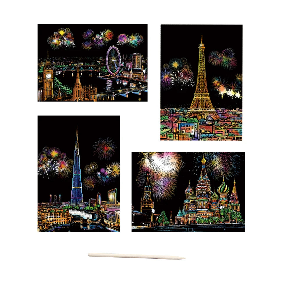 City Night Scenery Landscape Art Scratch Painting Paper