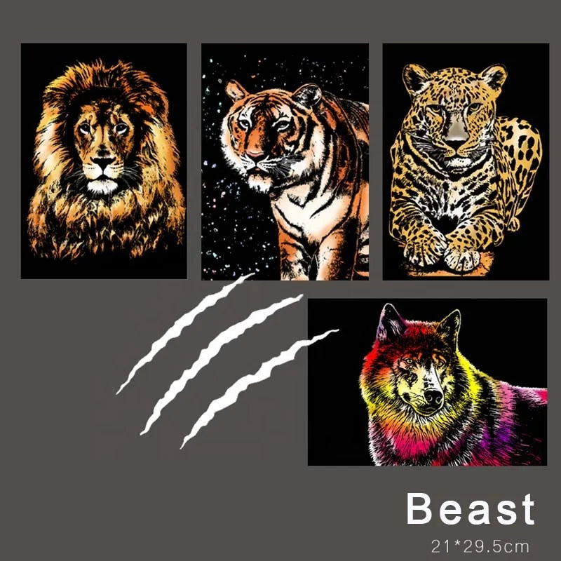 A4 Size Animals Scratch Painting Envelop Kit 4 Pcs
