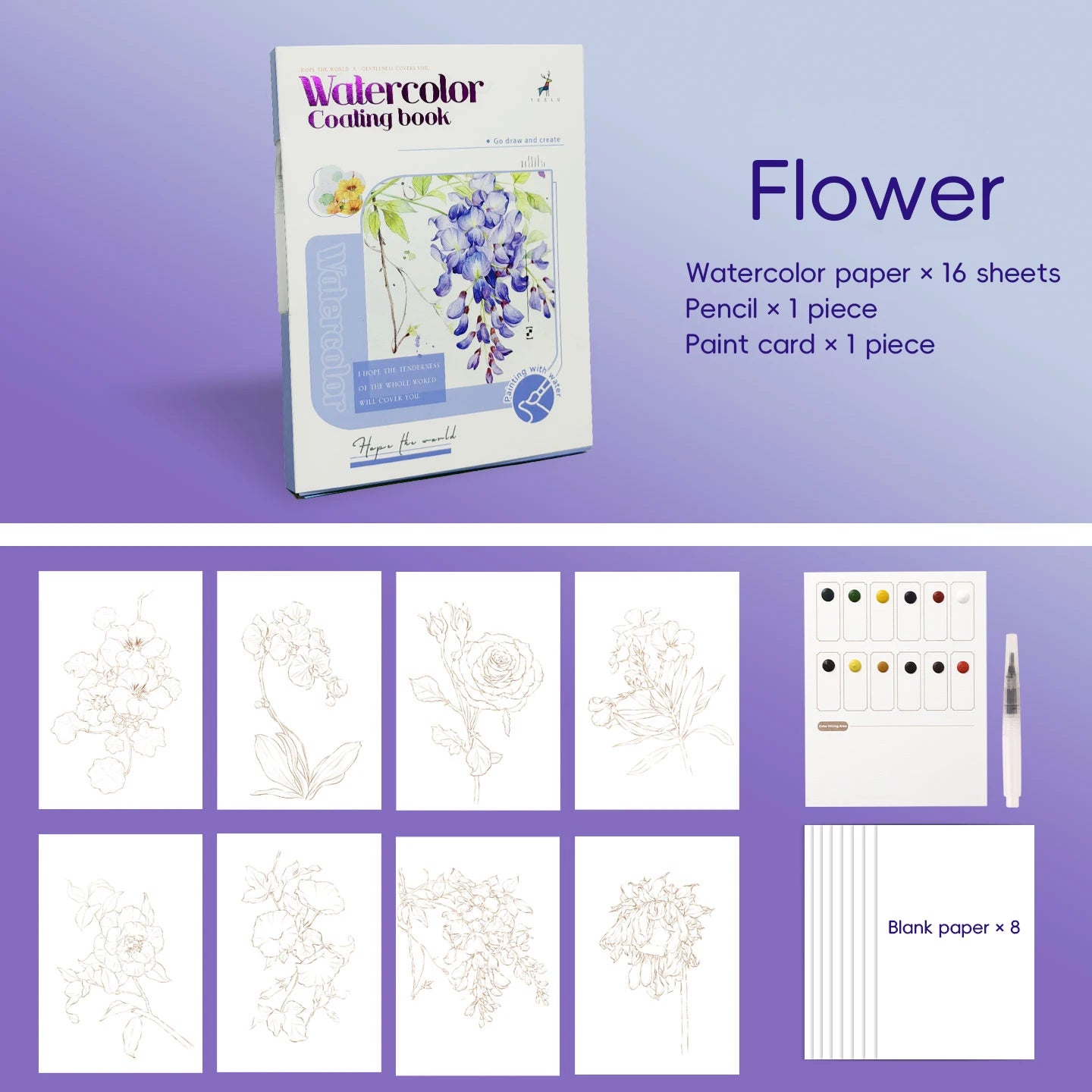 YUELU Pastel Floral Watercolor Painting Toy Portable Travel Beginners Practice Watercolor Sketchbook Set with Pigment Card