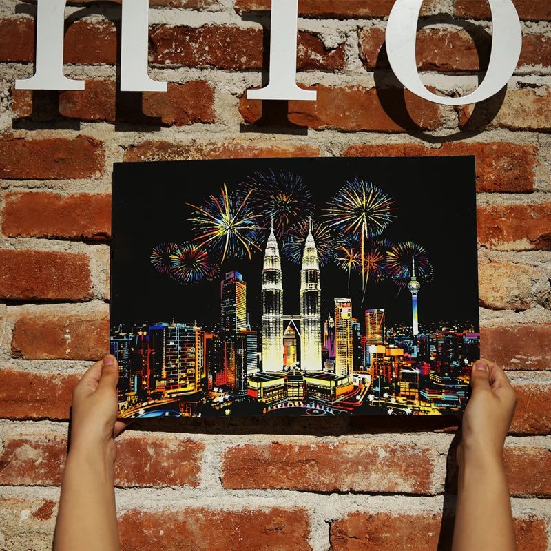 Eco Friendly Wholesale Handmade DIY City Building Scratch Painting Magic Rainbow Scratch Art Paper For Adults 16*11.2 inches