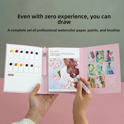 YUELU Pastel Floral Watercolor Painting Toy Portable Travel Beginners Practice Watercolor Sketchbook Set with Pigment Card