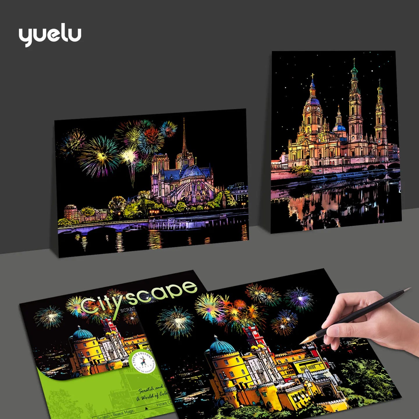 YUELU A3 Size Rainbow Scratch Art Painting Colorful City Series Scratch Cards Magic Night View Scratch Art Paper for Adults