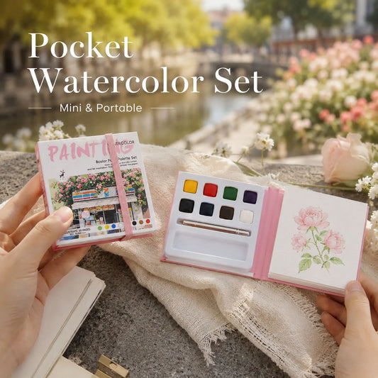 YUELU Travel Portable Mini Watercolor Kit with 8 Built-in Colors and Water Brush Watercolor Paper Sketchbook
