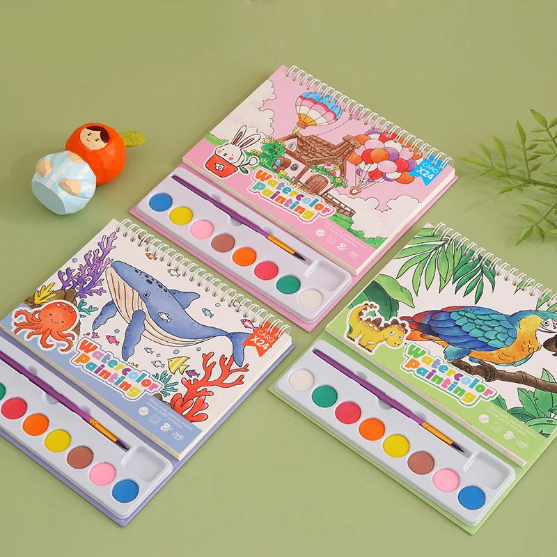 YUELU New Watercolor Painting Book Kids Art Drawing Toys 24 sheets Portable Watercolor Painting Book Set with Paint and Brush