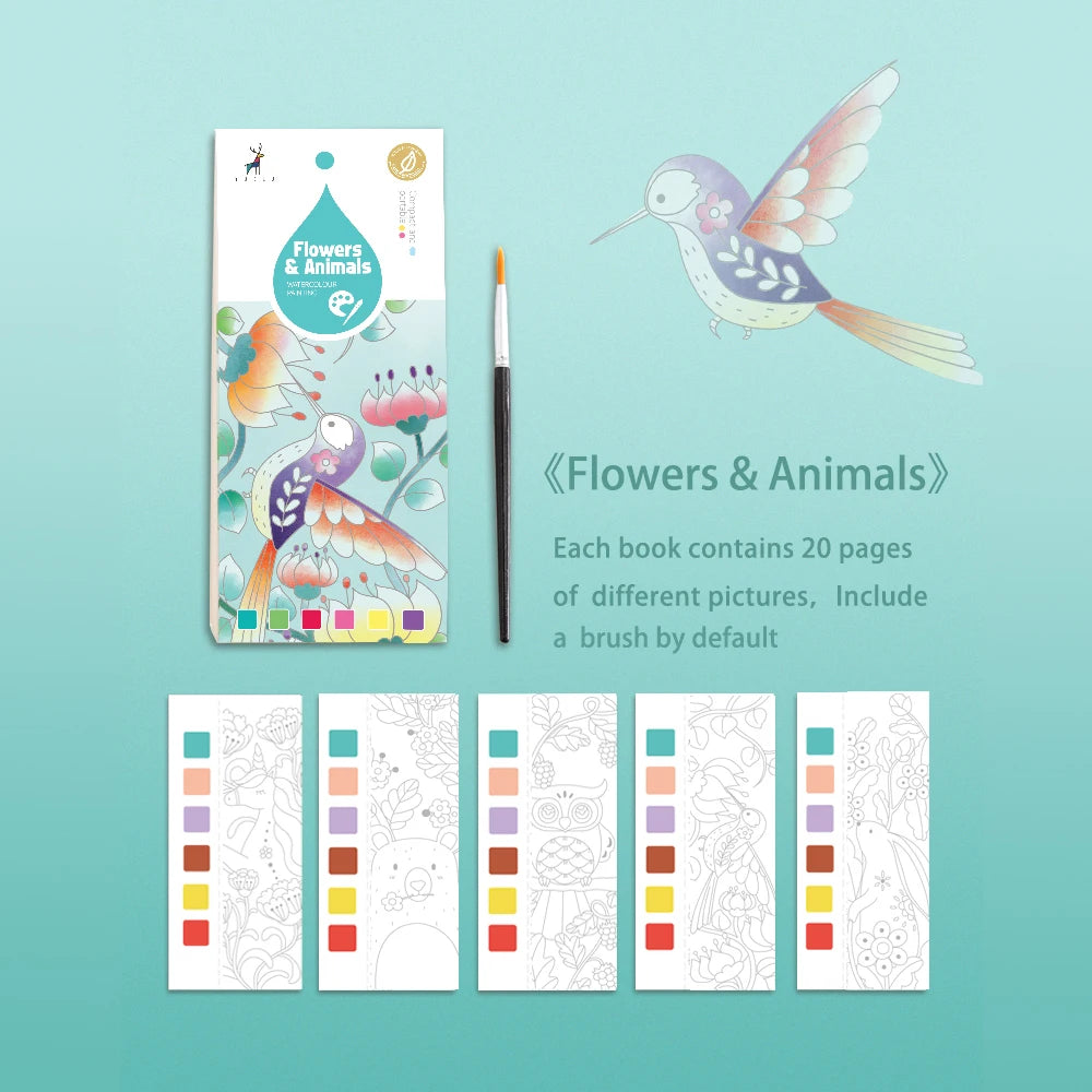 High Quality Portable 20 Pages Water Painting Book with Pigment Brush Custom Design Kid Colouring Paper Book