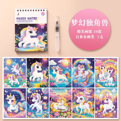 YUELU Kids Drawing Books Reusable Animal Water Painting Book Educational Toys Magic Water Book with Pen