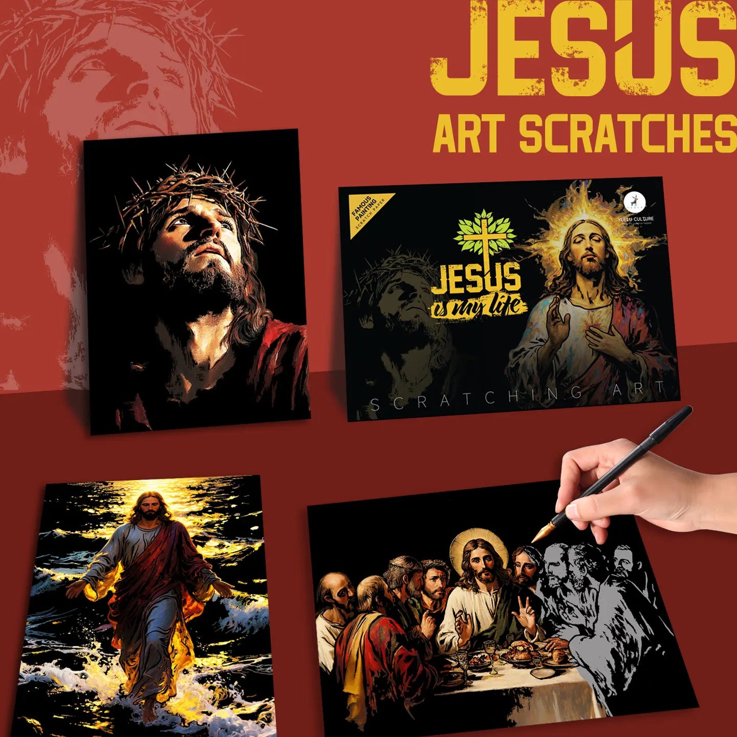 YUELU A3 Size 4pcs Jesus Art Scratch Painting Paper Creative Scratch Art Rainbow Drawing Set for Adult