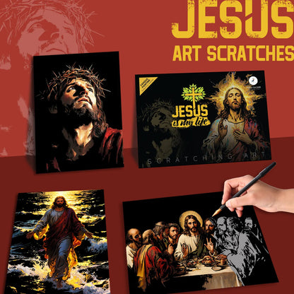 YUELU A3 Size 4pcs Jesus Art Scratch Painting Paper Creative Scratch Art Rainbow Drawing Set for Adult
