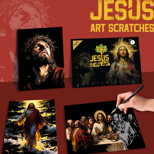 YUELU A3 Size 4pcs Jesus Art Scratch Painting Paper Creative Scratch Art Rainbow Drawing Set for Adult