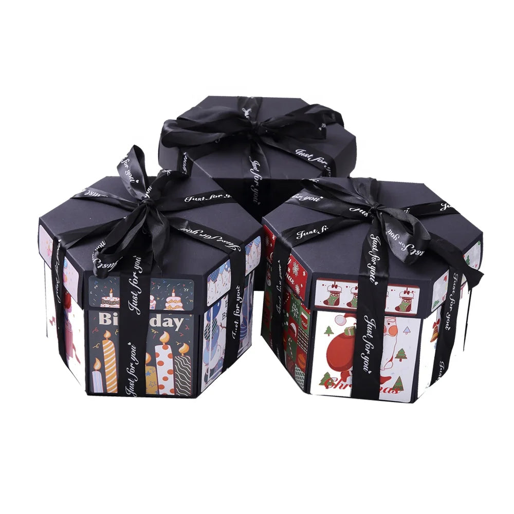 Explosion Packaging Box Surprise Handmade Birthday Anniversary Wedding Gift Black DIY Photo Album Hexagon Explosion Box