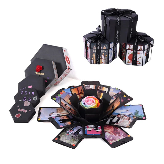 Explosion Packaging Box Surprise Handmade Birthday Anniversary Wedding Gift Black DIY Photo Album Hexagon Explosion Box