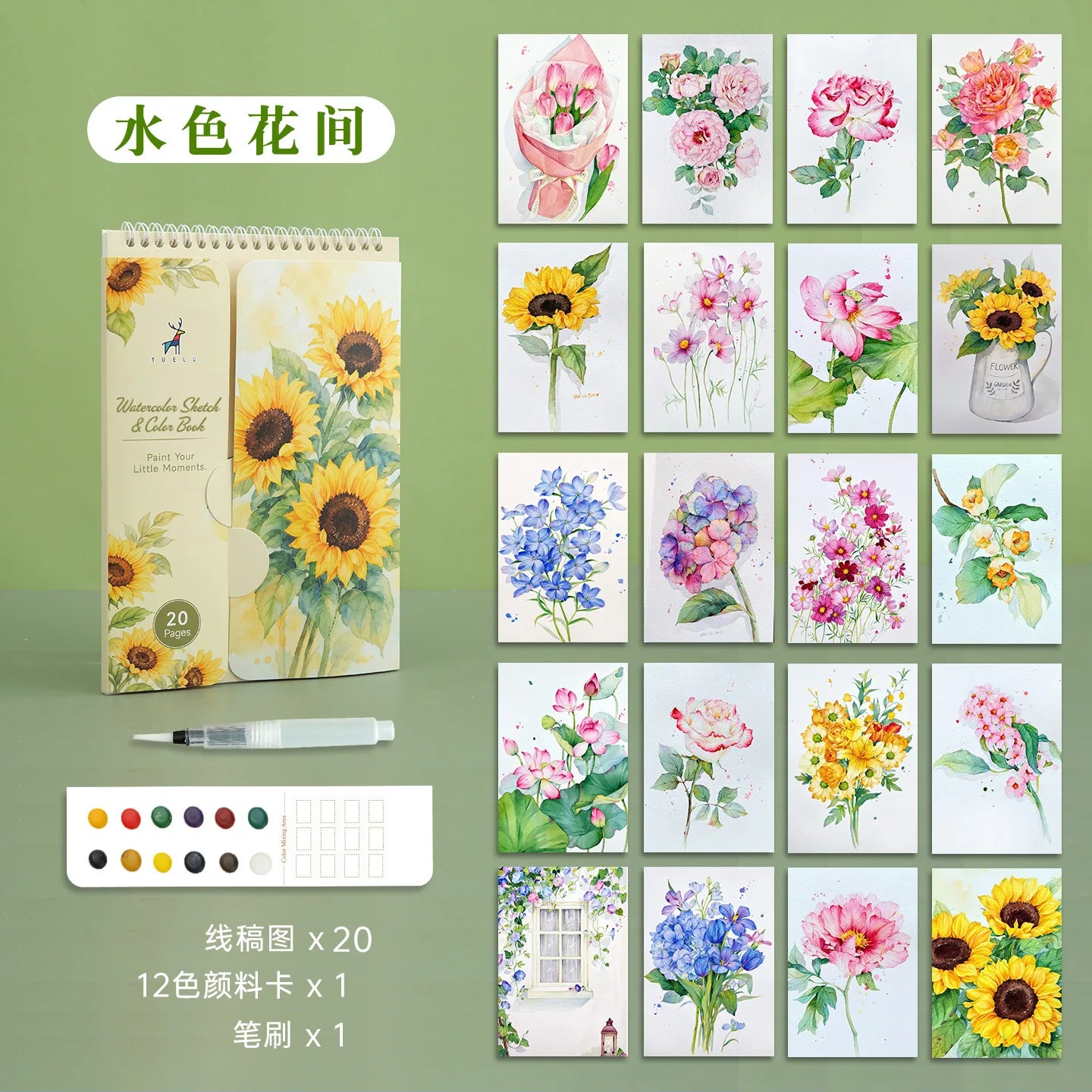 Creative Adult Watercolor Paper Coloring Book with 12 ColorsSimply Wet Paint; Portable Spiral-Bound Travel Art Set