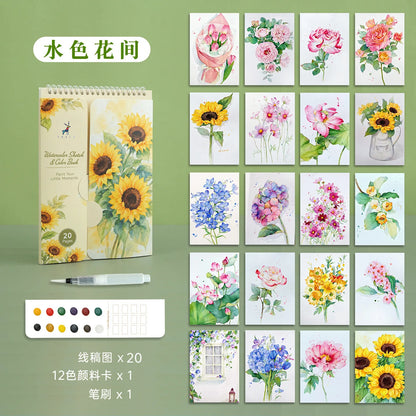 Creative Adult Watercolor Paper Coloring Book with 12 ColorsSimply Wet Paint; Portable Spiral-Bound Travel Art Set