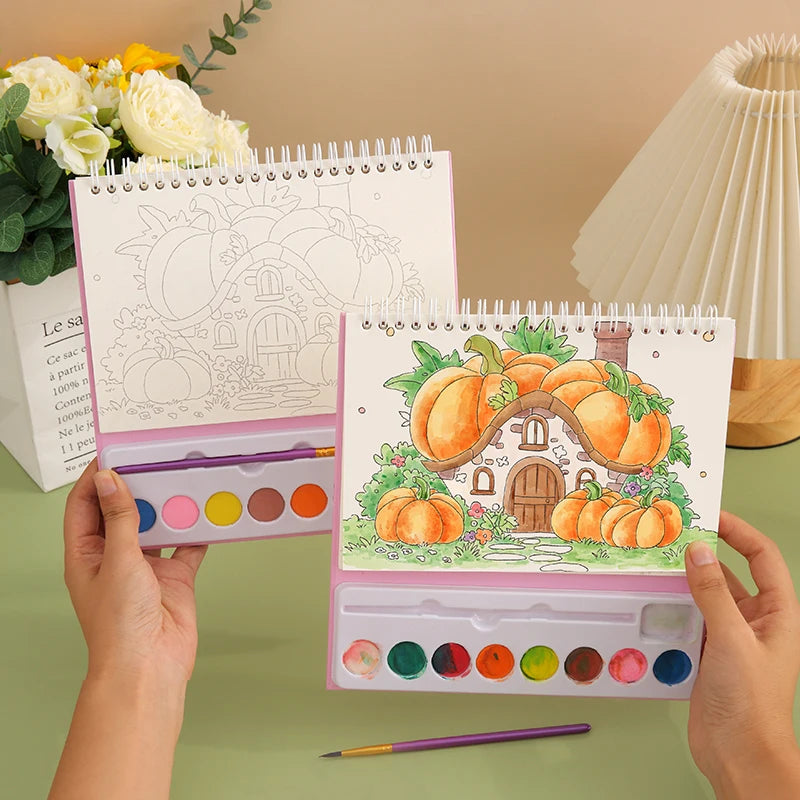 YUELU New Watercolor Painting Book Kids Art Drawing Toys 24 sheets Portable Watercolor Painting Book Set with Paint and Brush