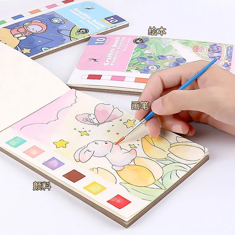 New Watercolor Painting Book Kids Art Drawing Toys 10 sheets Travel Pocket Watercolor Painting Book Set with Paint and Brush