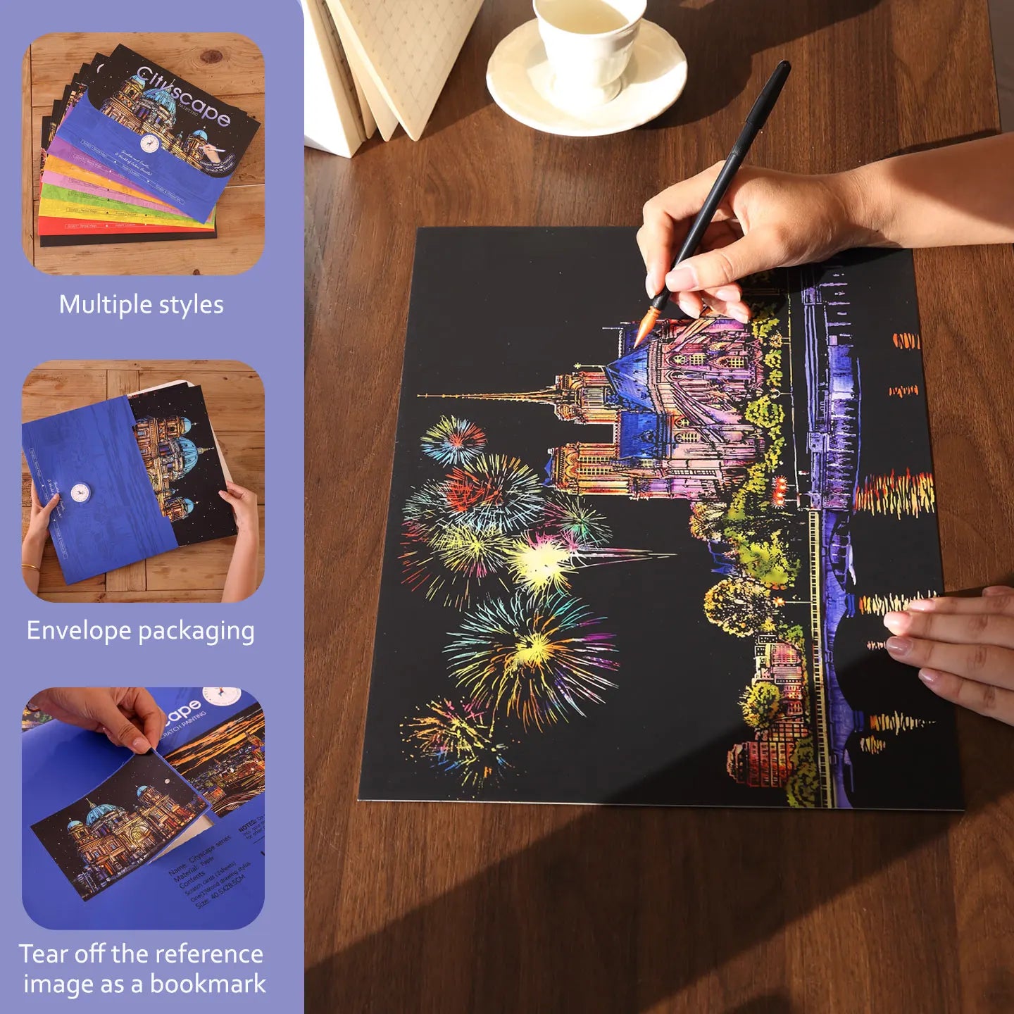 YUELU A3 Size Rainbow Scratch Art Painting Colorful City Series Scratch Cards Magic Night View Scratch Art Paper for Adults