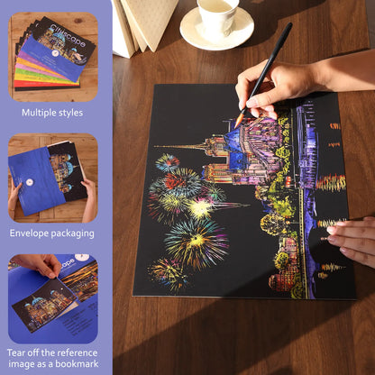 YUELU A3 Size Rainbow Scratch Art Painting Colorful City Series Scratch Cards Magic Night View Scratch Art Paper for Adults
