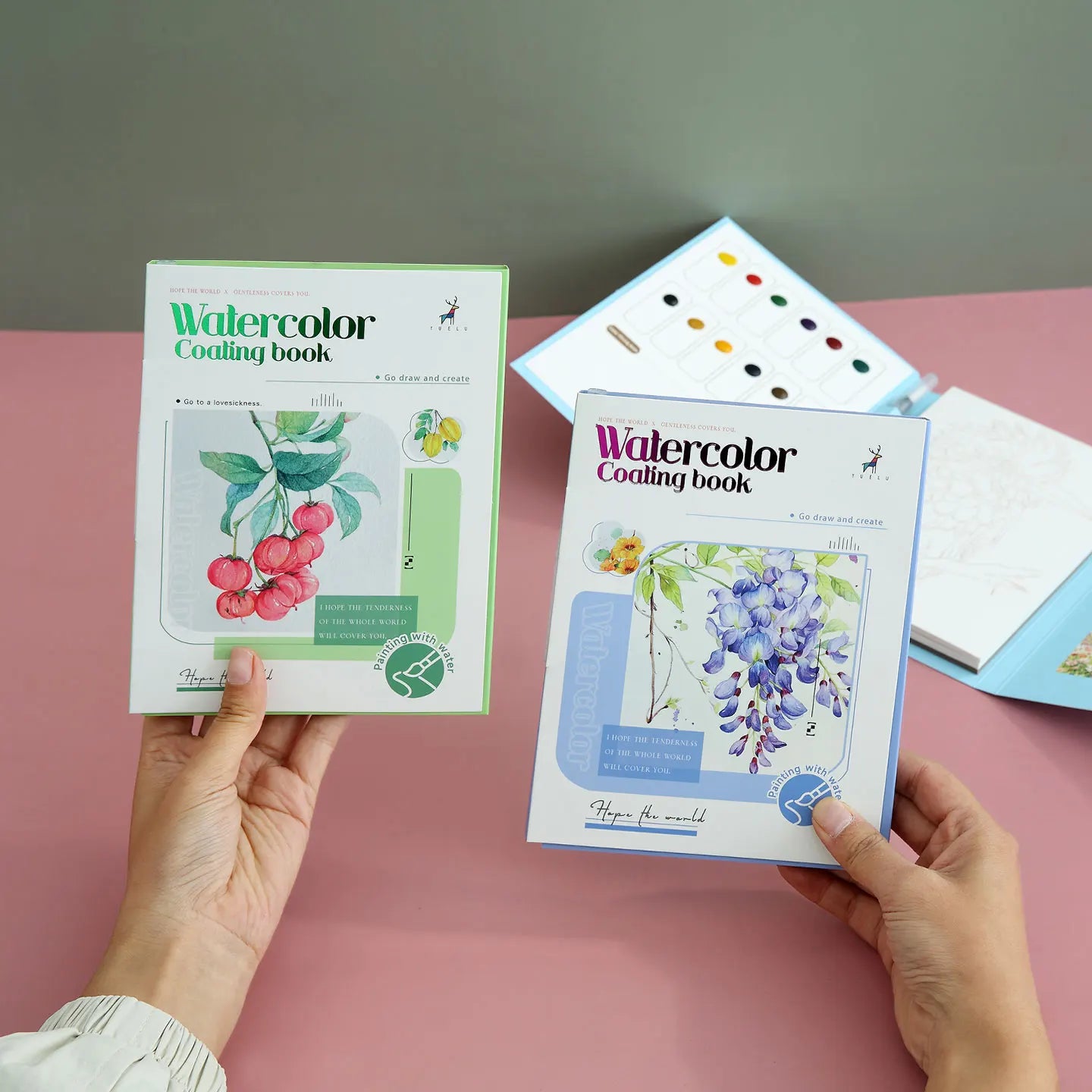 YUELU Pastel Floral Watercolor Painting Toy Portable Travel Beginners Practice Watercolor Sketchbook Set with Pigment Card
