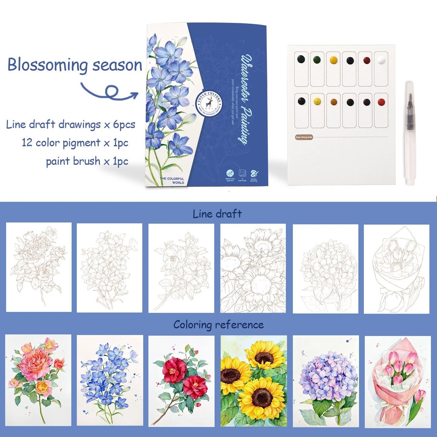 YUELU Beginners Watercolor Painting Set 6pcs Portable Watercolor Sketchbook Kit with Pigment Paint Brush