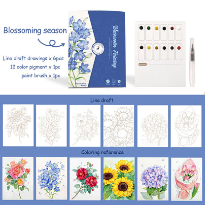 YUELU Beginners Watercolor Painting Set 6pcs Portable Watercolor Sketchbook Kit with Pigment Paint Brush