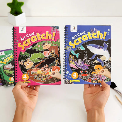 YUELU 4 Design Wholesale 15.7*20.7cm Cartoon Scratch Book Children DIY Educational Toys Magic Rainbow Scratch Art Paper For Kids