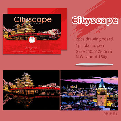YUELU A3 Size Rainbow Scratch Art Painting Colorful City Series Scratch Cards Magic Night View Scratch Art Paper for Adults