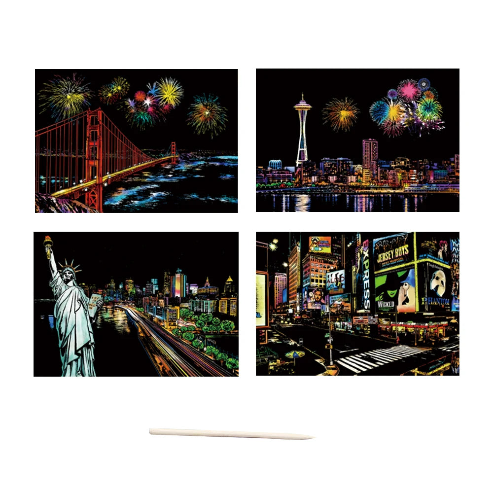 City Night Scenery Landscape Art Scratch Painting Paper