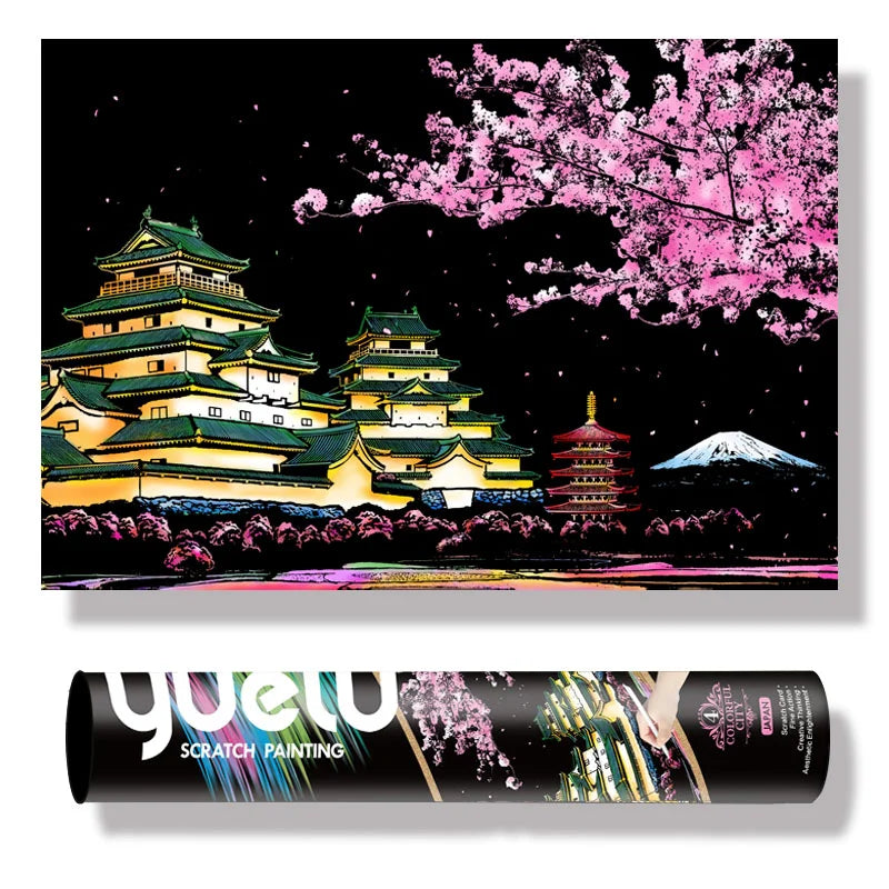 YUELU  29.5*20.4 Inches DIY  Famous city Building Night Painting Reel Packing Rainbow Scratch Painting