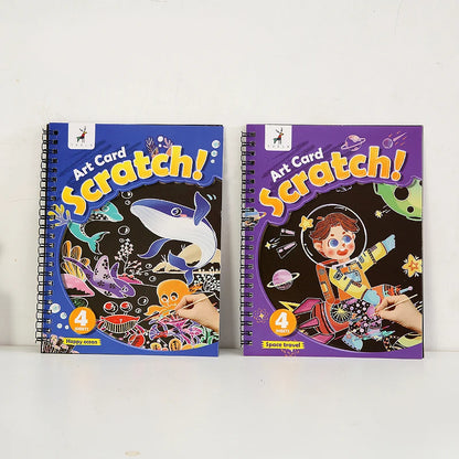 YUELU 4 Design Wholesale 15.7*20.7cm Cartoon Scratch Book Children DIY Educational Toys Magic Rainbow Scratch Art Paper For Kids