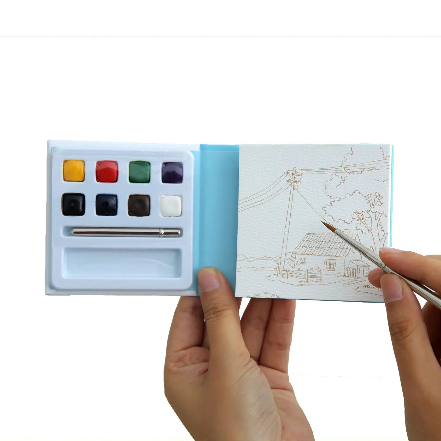 YUELU Travel Portable Mini Watercolor Kit with 8 Built-in Colors and Water Brush Watercolor Paper Sketchbook