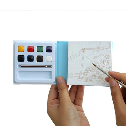 YUELU Travel Portable Mini Watercolor Kit with 8 Built-in Colors and Water Brush Watercolor Paper Sketchbook
