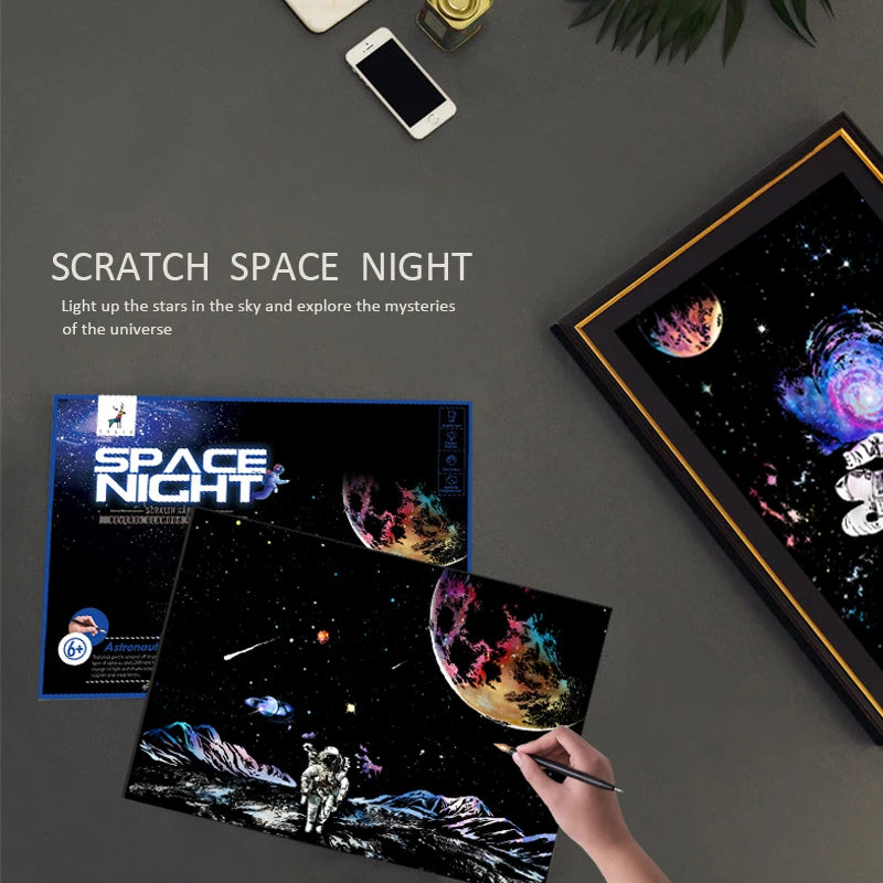 YUELU Astronaut Rainbow Scratch Painting DIY Art Craft Space Night Painting Scratchboard