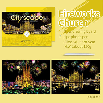 YUELU A3 Size Rainbow Scratch Art Painting Colorful City Series Scratch Cards Magic Night View Scratch Art Paper for Adults