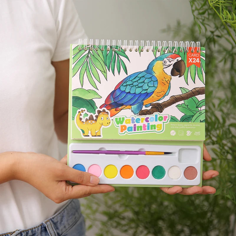 YUELU New Watercolor Painting Book Kids Art Drawing Toys 24 sheets Portable Watercolor Painting Book Set with Paint and Brush