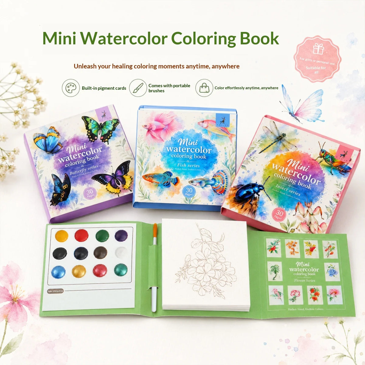 Yue Lu Portable Watercolor Painting Book with Pearl Glitter Notes Paper 9x9 Size DIY Decompression Mini Art Set